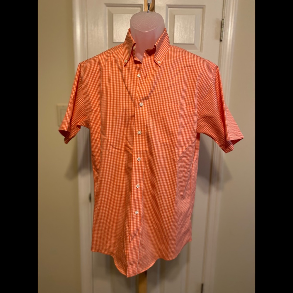 NWOT Brooks Brothers 346 - Small checkered orange/white short sleeve shirt, S…